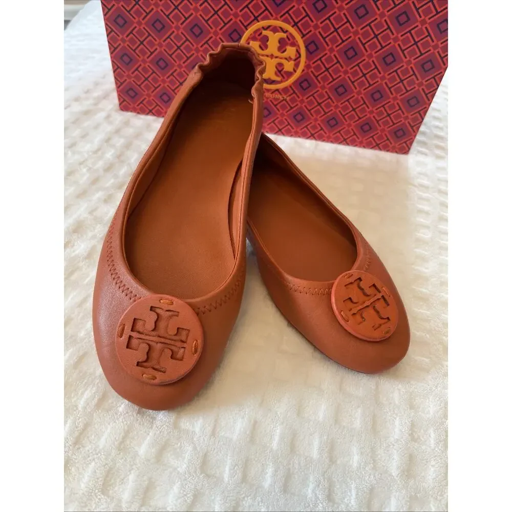Tory Burch 7 Ballet Ballerina Flats Leather Orange Reva Minnie Travel w/ Box